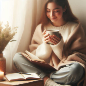 person sitting in a cozy corner with a cup of tea