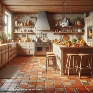 a busy kitchen with terracotta tile flooring that showcases the tiles' resistance to wear and tear.