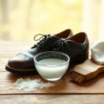 A pair of polished black dress shoes sitting on a wooden surface next to a small bowl of soapy water, a brush, and a cloth. Salt scattered nearby suggests a shoe cleaning process.