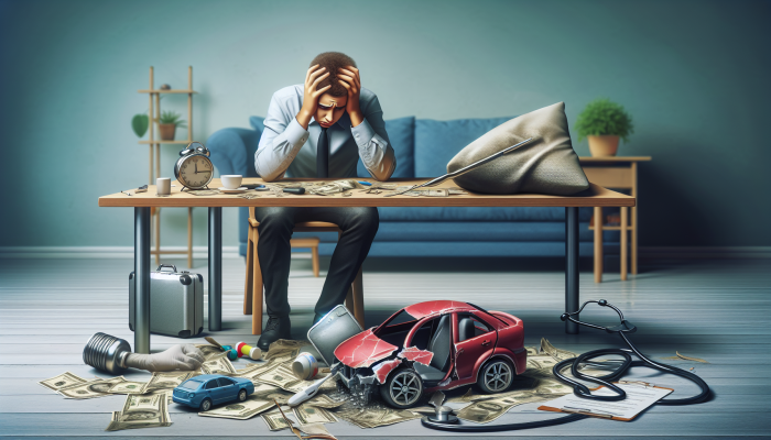 How to Cope with Debt Consolidation Setbacks: A Guide | DCL how to cope with debt consolidation setbacks: Person overwhelmed by bills, car repair, and medical costs, struggling with debt consolidation.