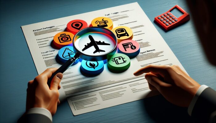 Person using a magnifying glass to reveal hidden fees in a car rental agreement, surrounded by fee symbols.