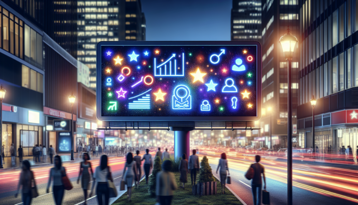 A vibrant digital billboard displaying a small business's optimized Google Business Profile on a lively city street at dusk.