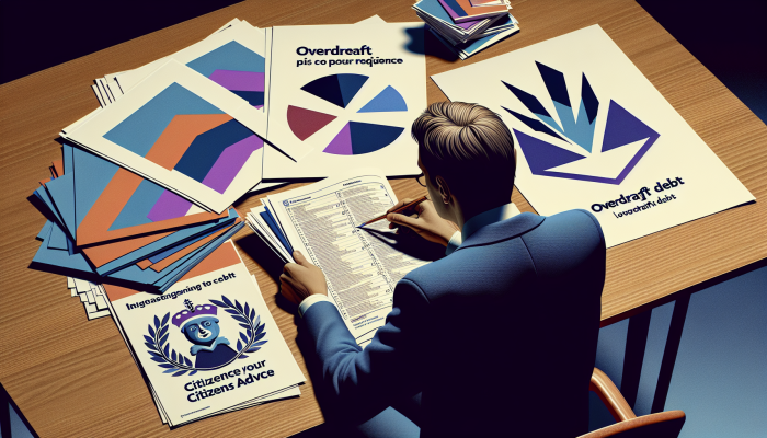 Debt Consolidation Loans for Overdraft Debt: Your UK Solution | DCL Individual assessing financial documents and budgets with UK financial advice pamphlets and Citizens Advice logo.