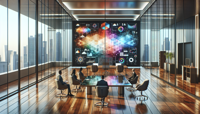 A team analyzing customer data on a large digital screen in a modern office environment.