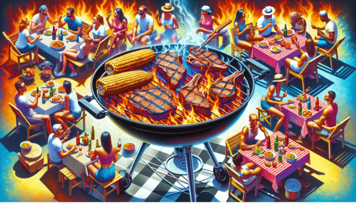 Best Grilling Tools for Summer BBQs: A summer BBQ with a charcoal grill cooking steaks and corn, enjoyed by people savoring the smoky, charred flavors.