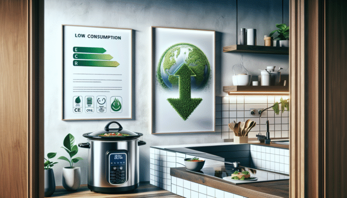 A slow cooker in a modern kitchen, simmering stew, with energy-saving appliances and a low utility bill, symbolizing environmental benefits.