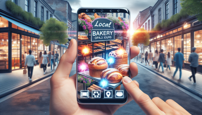 A local bakery's Google My Business profile on a smartphone, displaying delicious pastries, operational hours, and customer reviews, located in a vibrant street setting.
