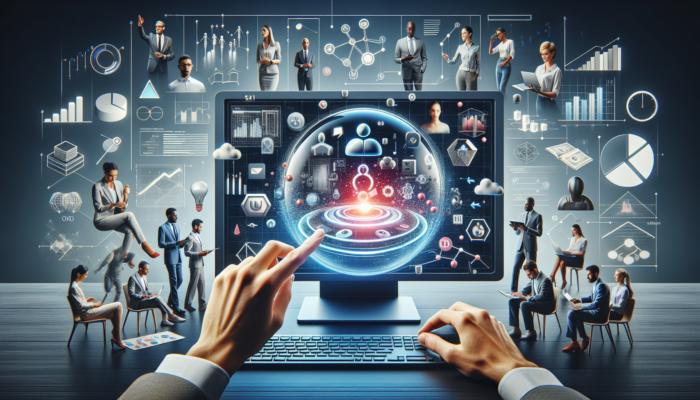 Digital workspace featuring Google My Business on screen, with experts collaborating on strategies to enhance online visibility.