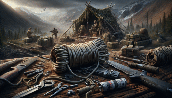 Survival Rope Types: 550 paracord used for shelter, securing gear, and tourniquet in wilderness survival scene.