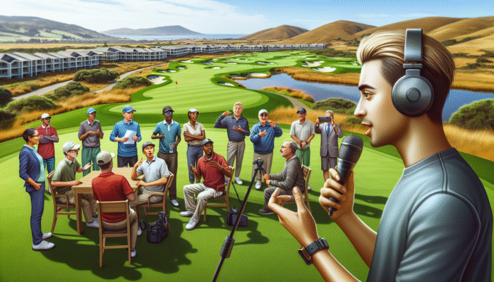 Vlogger interviewing local golfers at Simola Golf and Country Estate, Knysna, capturing cultural insights and community spirit.