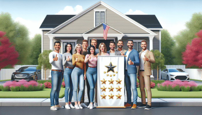 Satisfied homeowners showing thumbs-up outside their residence, highlighting a banner displaying a top-rated home service logo and customer reviews.