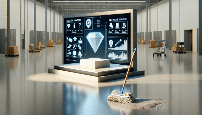 Advanced industrial diamond tools and low-moisture scrubbers delicately treating stone surfaces, creating a lasting shine, in contrast to a standard supermarket mop.