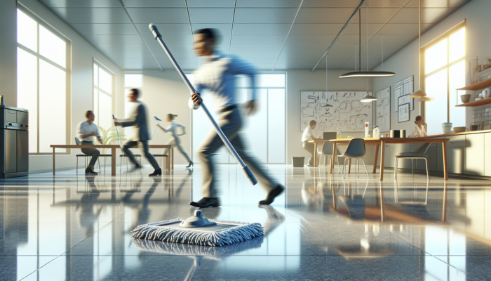 A modern spray mop effectively cleaning a stone floor, demonstrating ease and efficiency in a bustling household.