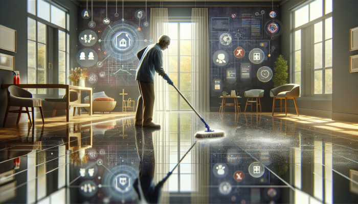 Individual using a spray mop on a glossy stone floor, ensuring safety in homes with children and elderly individuals.