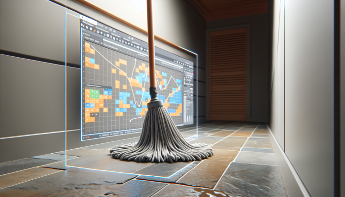 A high-quality microfiber mop head effectively cleaning a stone floor, reaching corners and capturing dirt.
