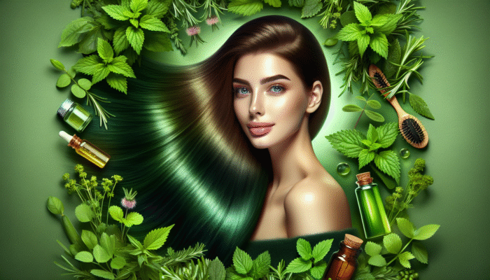Woman rinsing long, lush hair with nettle and rosemary herbal solution, surrounded by green plants.