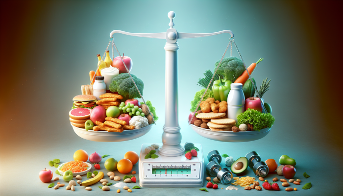 A balanced scale comparing unhealthy foods high in saturated fats to fruits, vegetables, and weights, illustrating diet and exercise's impact on cholesterol.