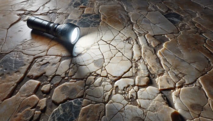 Inspection of cracked limestone flooring showcasing various crack types, moisture, debris, and uneven tiles.