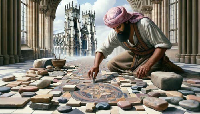 An experienced UK stonemason skillfully crafting intricate stone tiles from local Scottish Borders stones, showcasing an array of vibrant colors and textures, set against the iconic backdrop of York Minster, merging traditional artistry with modern curved tiling techniques.