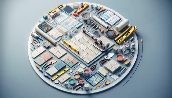 A well-organized workspace featuring ceramic tiles, a tile cutter, grout, trowel, and level, essential for successful tiling projects.
