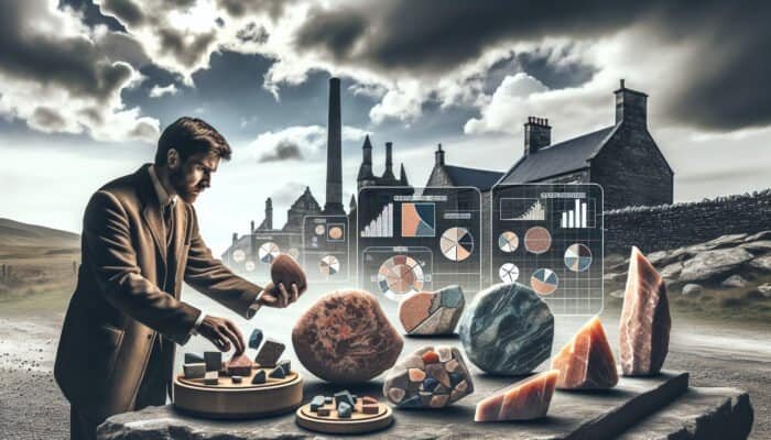 A stonemason inspecting local stones at a Scottish quarry, with traditional architecture in the background, ensuring quality material selection.