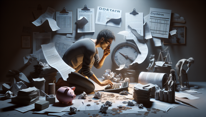 Understanding Debt Consolidation: Impact Explained | DCL Person in dimly lit room, surrounded by financial documents, anxiously calculating extended debt repayment on a calculator, calendar showing prolonged dates.