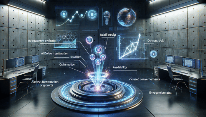 A futuristic workspace featuring AI-driven SEO analytics on a screen, surrounded by tools analyzing content for optimisation and engagement.