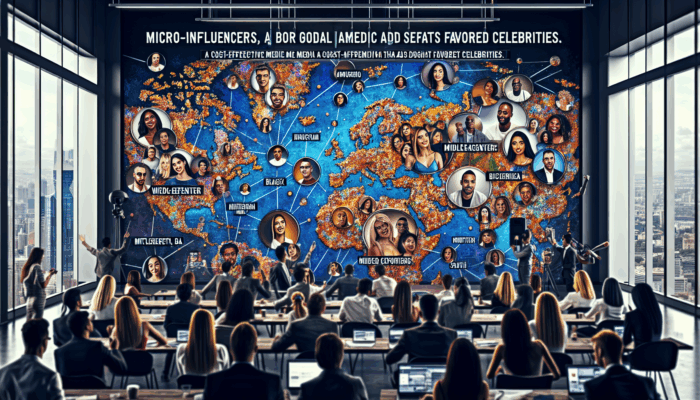 Micro-influencers engaging diverse audiences on social media, cost-effective video content versus expensive traditional celebrity ads.
