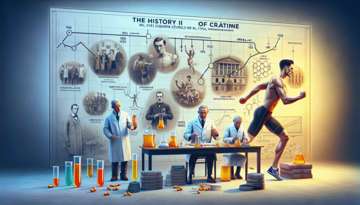 Comprehensive timeline illustrating the history of creatine from its discovery in 1832 to pivotal studies in 1992, featuring imagery related to athletic performance and scientific exploration.