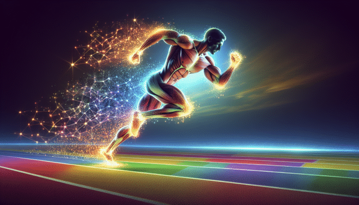 Athlete sprinting on a track, enhanced by glowing creatine particles, under a clear sky, showcasing the power of creatine in athletic performance.