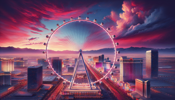 Experience breathtaking views from the High Roller, a 550-foot observation wheel in Las Vegas at sunset.