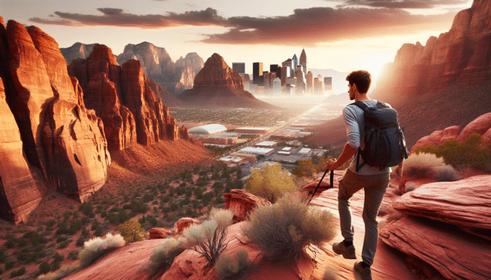 A solo traveler hiking in the red rock desert near Las Vegas, experiencing tranquility and excitement.