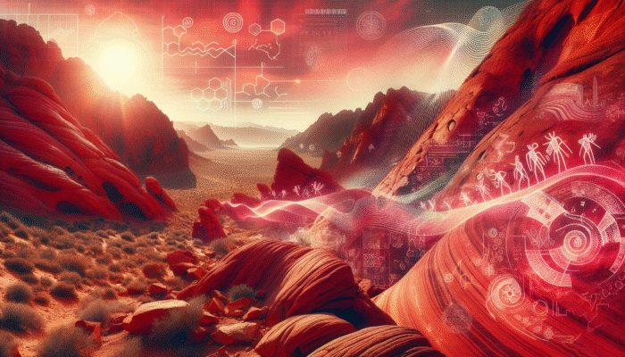 Vibrant red sandstone landscape at Valley of Fire State Park featuring Fire Wave Trail and ancient petroglyphs.