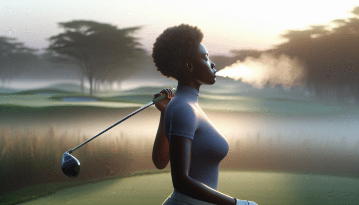 Best Golf Concentration Exercises: Golfer at dawn on serene course, focused and calm, using diaphragmatic breathing.