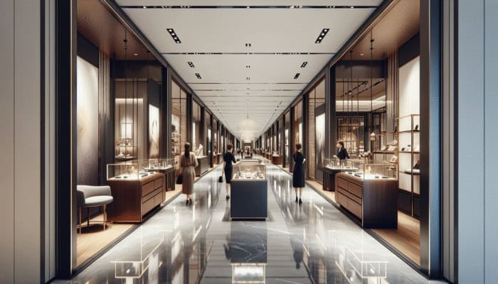 Elegant corridor at The Forum Shops showcasing luxury boutiques including Gucci, Versace, and Louis Vuitton.