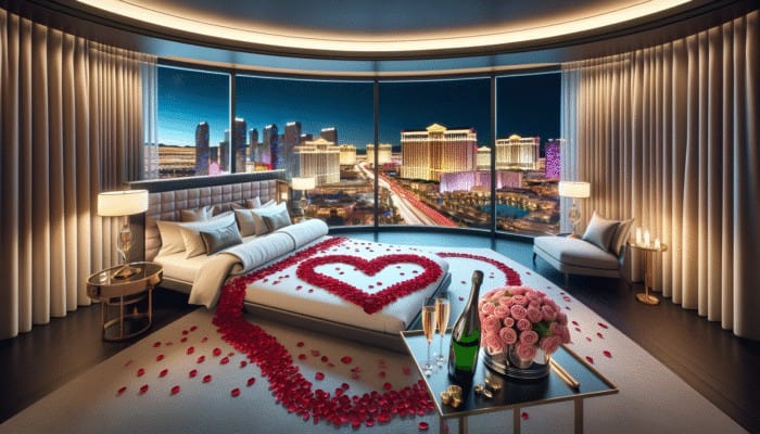 A luxurious Las Vegas hotel suite with a romantic ambiance, featuring a heart-shaped bed, rose petals, champagne, and a stunning city skyline view at night.