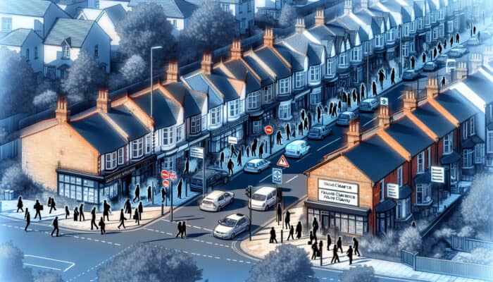UK street depicting house clearance signs; busy properties during peak times, quiet with competitive pricing during slower periods.