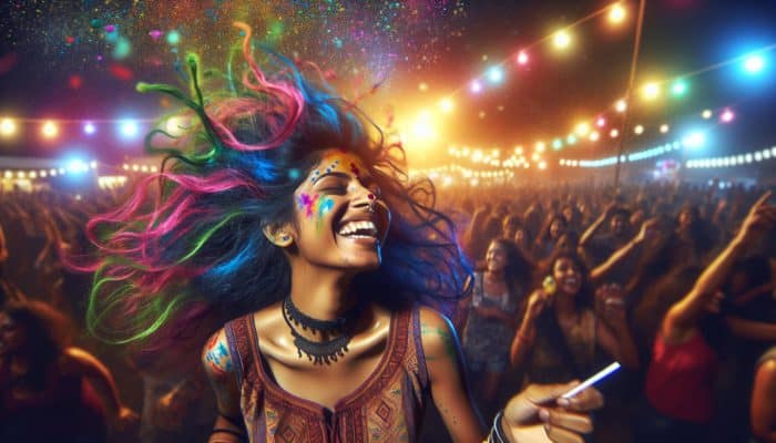 Person with vibrant, multi-colored hair at a festival, laughing and dancing amidst colorful lights and crowd.