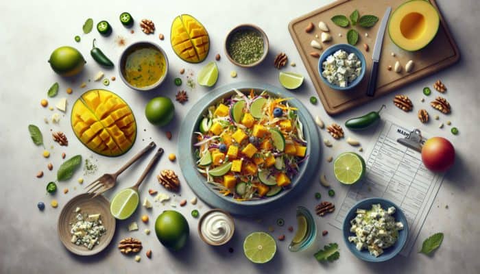 Vibrant coleslaw with mango, lime, blue cheese, nuts, and jalapeños, garnished with fresh herbs.