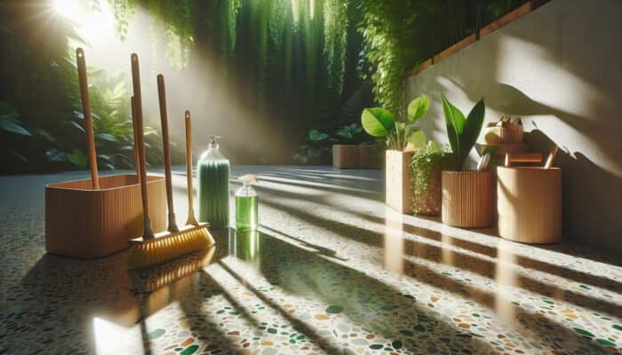 Restored terrazzo floor illuminated by natural light, surrounded by greenery, featuring eco-friendly tools and recycled materials.