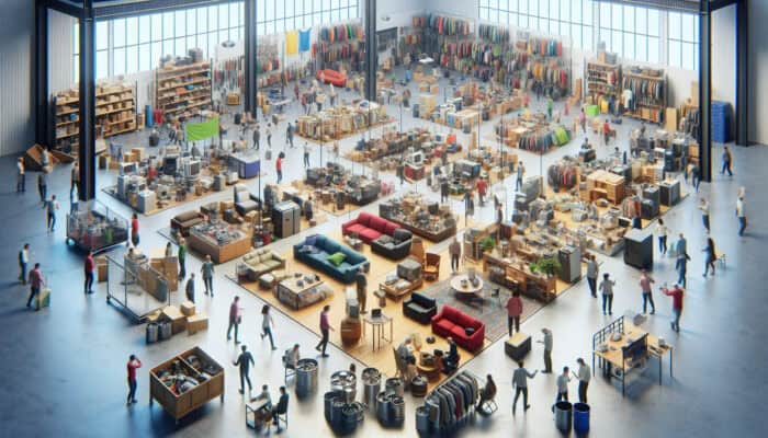 A vibrant community center showcasing donated items and participation in reuse programs, fostering sustainability.