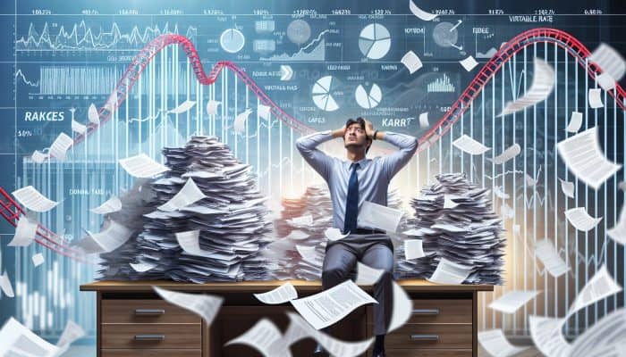 Debt Consolidation Loan Interest Rate Traps: A Guide | DCL A stressed person at a desk with financial documents, graph showing fluctuating interest rates in background.