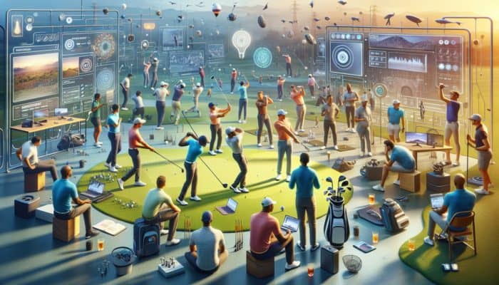 South African golfers utilizing laptops and smartphones, actively engaging in a community forum with local expert support for swing analysis.