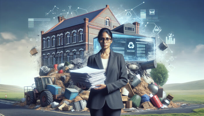Person with council permits in front of house with bulky items and hazardous waste, UK town hall background.