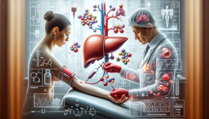 Illustration depicting the process of a liver blood test in Hinckley, showcasing blood draw and liver functions.