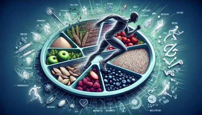 How Runners Fuel with Supplements: A runner's plate featuring whole grains, fruits, and lean proteins, accentuated by energy and muscle recovery symbols.