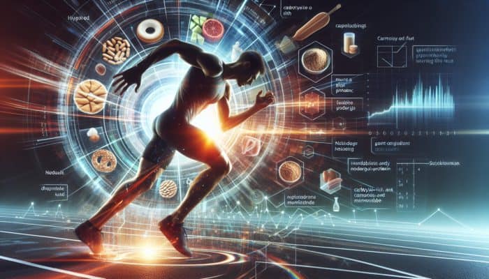 A runner poised at the starting line, energized, with a clock indicating 2-3 hours before the race, surrounded by carb and protein meals.