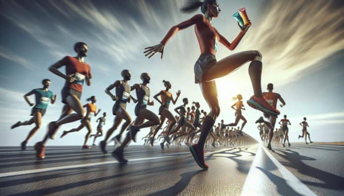 A runner reaching for an energy gel during a marathon, symbolizing speed and endurance.