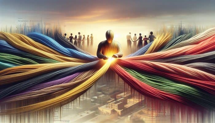 Printable Debt Consolidation Planning Worksheets | DCL Person consolidating debts into one loan, symbolized by merging colorful threads into a golden thread, with financial charts.