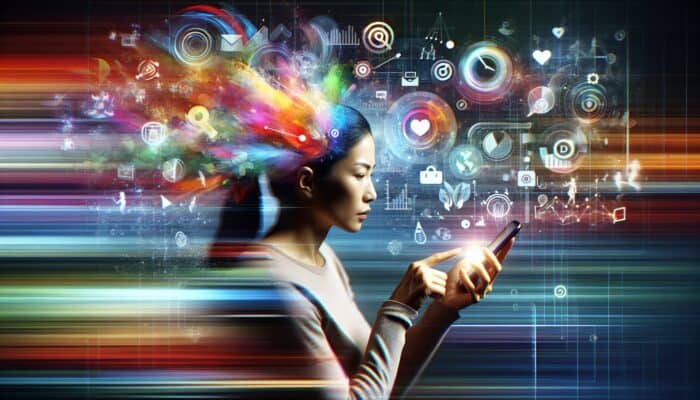 Illustration of a person using a smartphone to search for health tips amidst digital elements, representing micro-moments.